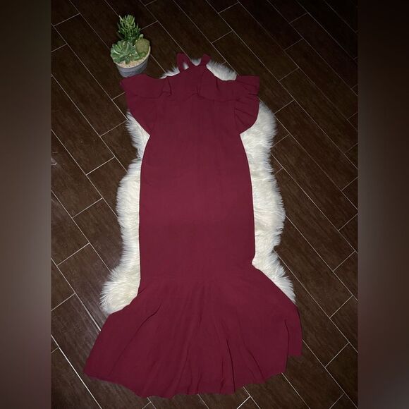 Rachel Zoe Baxter Cold-Shoulder Stretch-Crepe Gown Burgundy Ruffle Dress Sz 8 - Picture 2 of 8